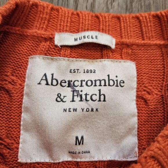 Vtg Abercrombie & Fitch Cable Knit Sweater Mens M Moose Orange Preppy Y2K Swifti - Picture 6 of 9